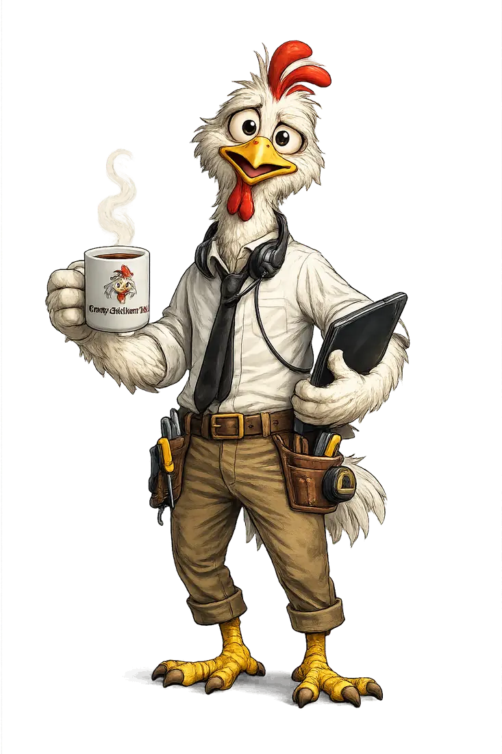 CrazyChickenTech mascot with a tablet and coffee