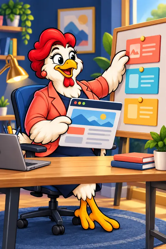 Confident chicken planner reviewing a clear website plan at an organized desk