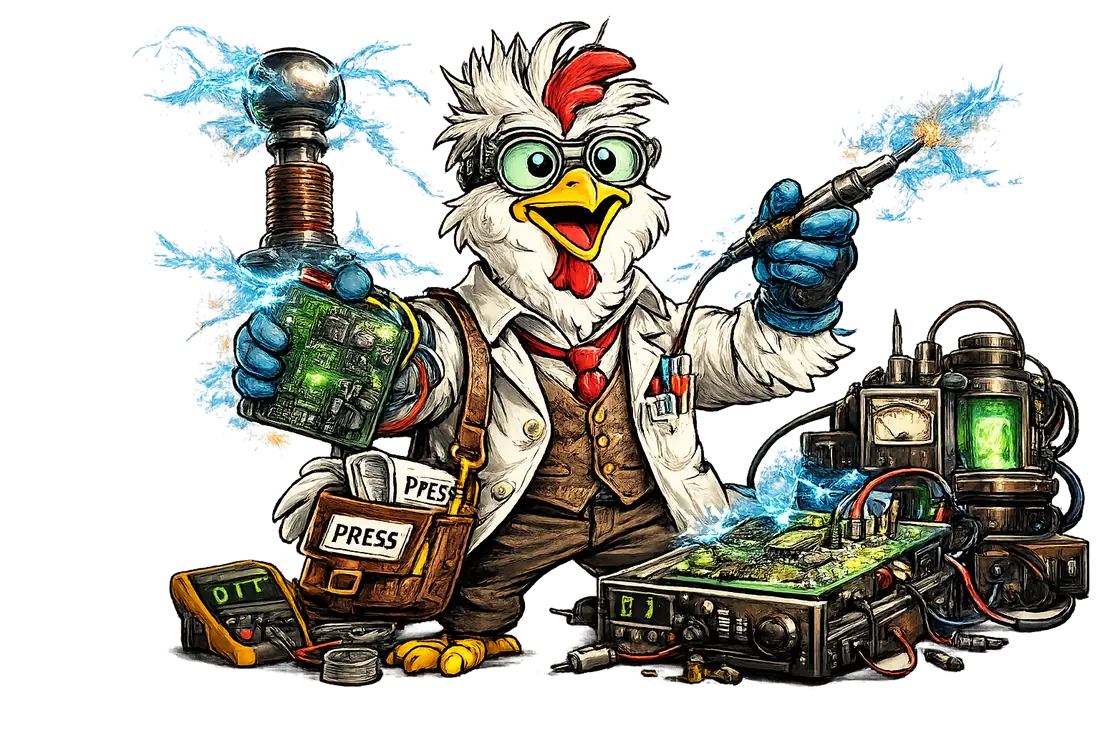 CrazyChickenTech mascot working with electronics and technical tools